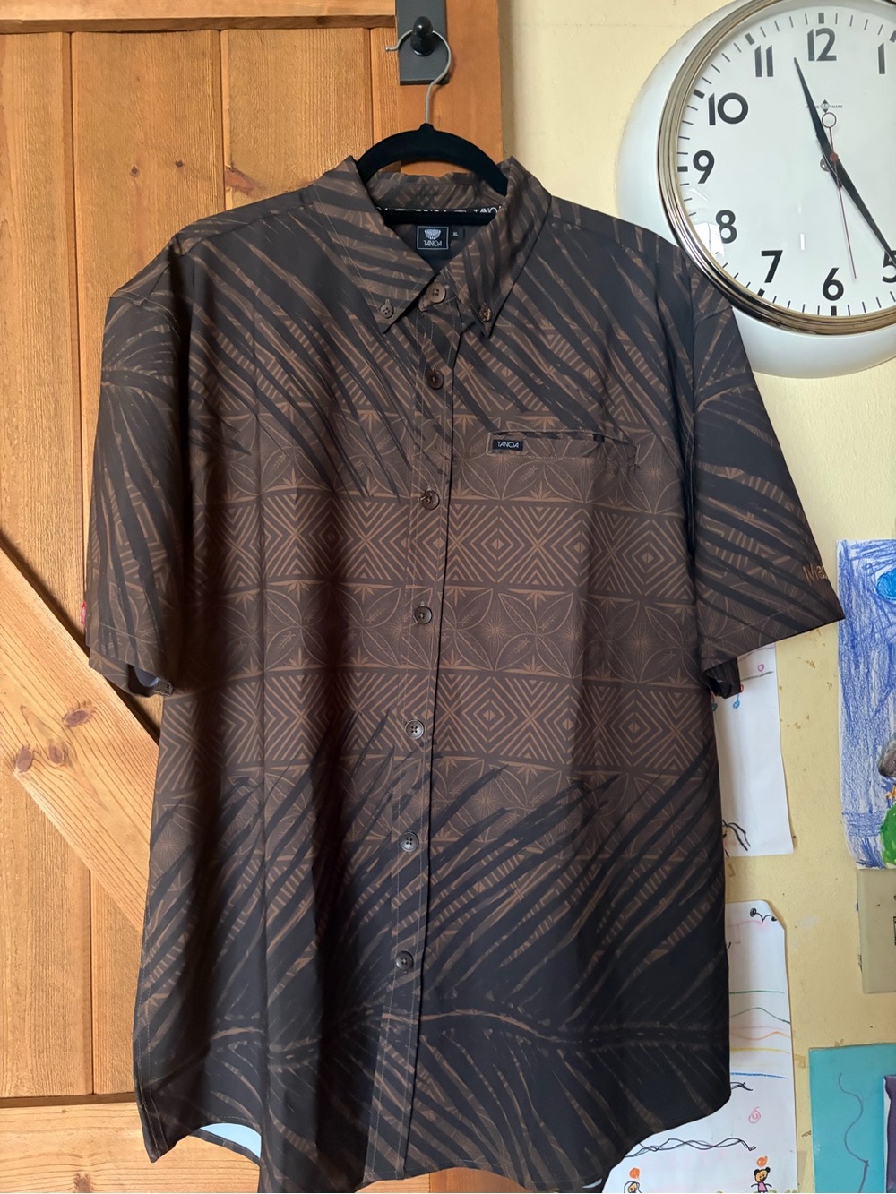 Tanoa Brown Short-Sleeve Button-Down Shirt with Geometric Print